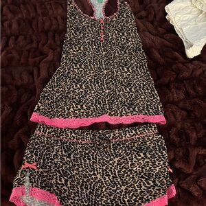 cutest leopard print pj set with pink lace trim and bows!